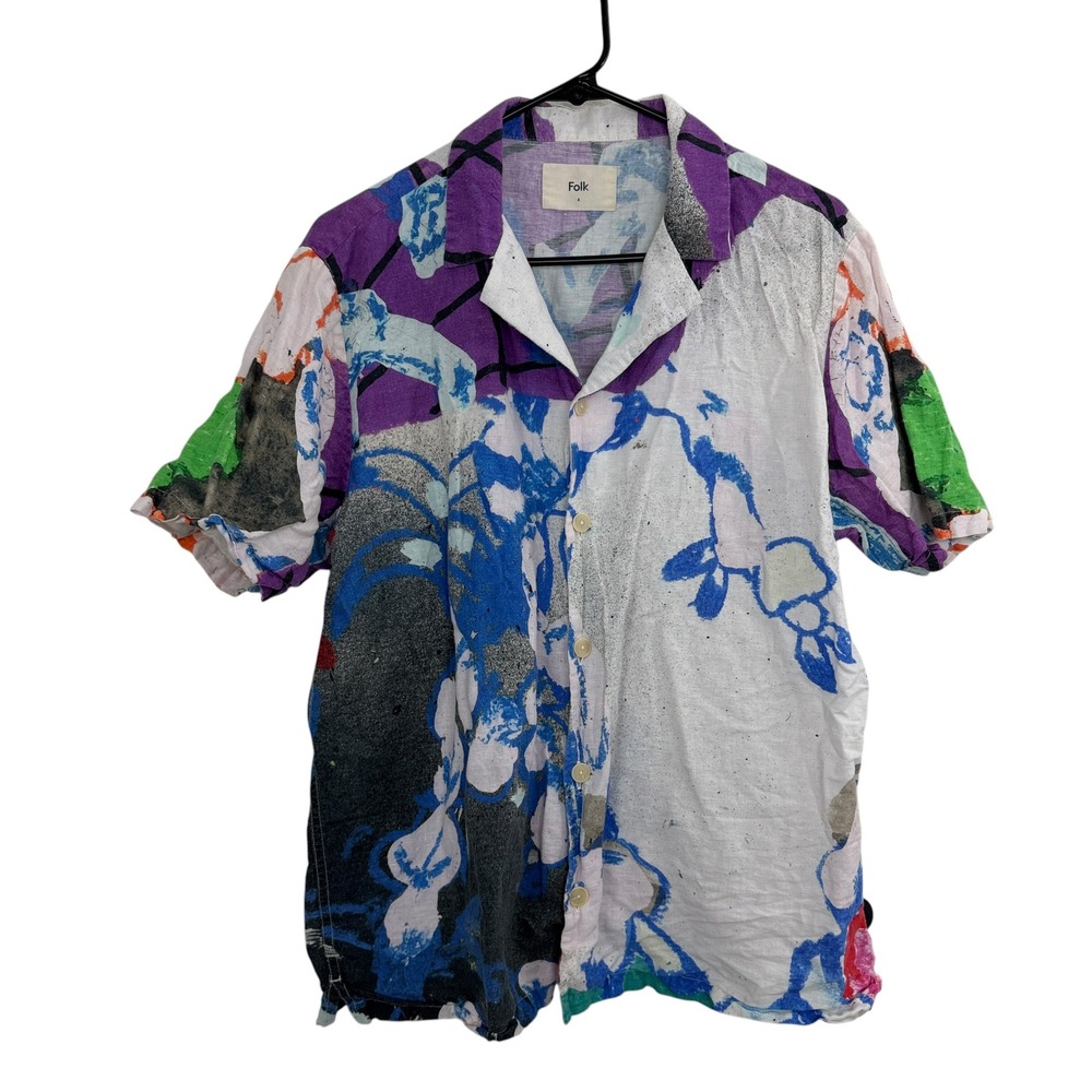 Folk Shirt Mens 4 Purple Abstract Print Short Sleeve Linen Blend Button Up